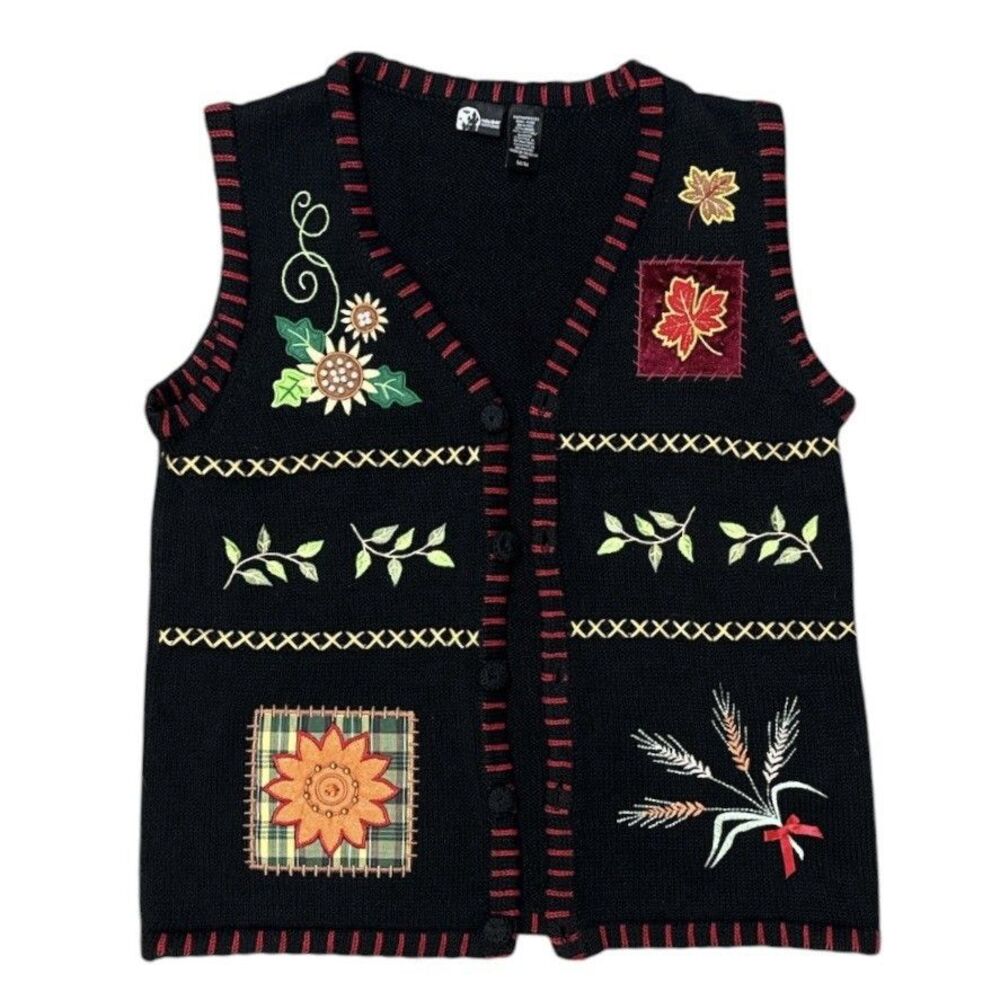 Vintage Holiday Editions Halloween Fall Knit Sweater Vest Embroidered 90s Sz M
